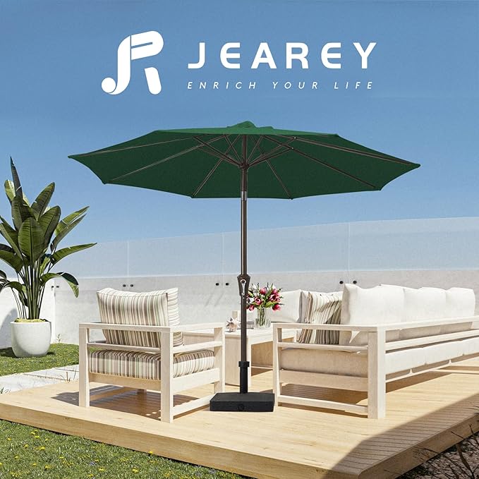JEAREY 10FT Outdoor Patio Umbrella Outdoor Table Umbrella with Push Button Tilt and Crank, Market Umbrella 8 Sturdy Ribs UV Protection Waterproof for Pool, Garden (Dark Green)