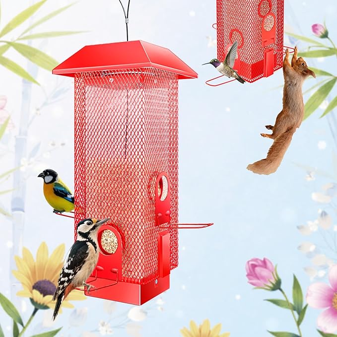Squirrel Proof Bird Feeder, 2.5LB Heavy-Duty Metal Wild Bird Feeder with Weight-Activated Spring, Weatherproof Outdoor Hanging Birdfeeders for Cardinals, Blue Jays, Finches