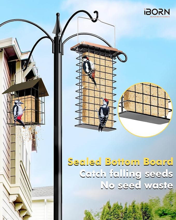 iBorn Metal Double Suet Feeder,Durable Suet Cake Cage Bird Feeder for Outdoors Hanging，Metal Roof Bird Feeder with Taller Grid for Woodpeckers,Large Suet Holder,Easy Clean & Refill,1 Pack,Copper