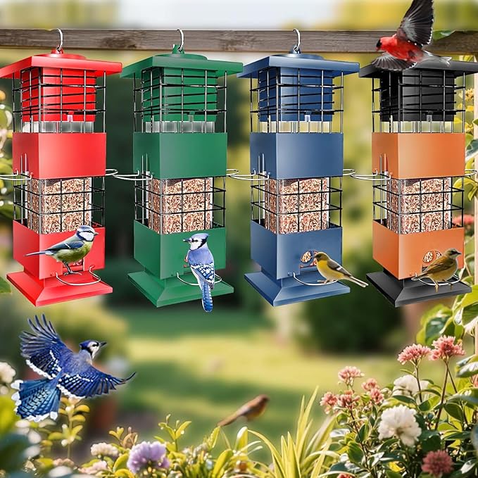 Bird Feeder Squirrel Proof for Outdoors Hanging, 3Lbs Metal Heavy Duty Birdfeeder with 4 Feeding Ports, Wild Birds Seed Feeder for Cardinal, Finch, Sparrow (Red)