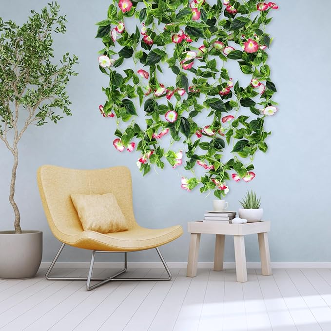 AirSun Artificial Morning Glory Flower Vines, 2pcs 15Feet Hanging Plants Silk Garland Fake Green Plant Home Garden Wall Fence Indoor Outdoor Wedding Birthday Decor