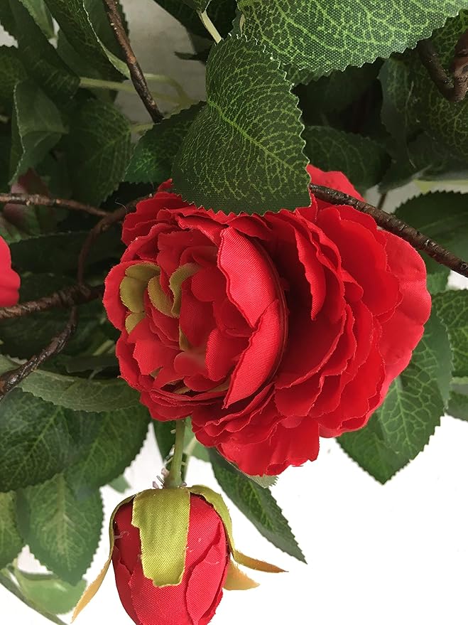 Huashen 24 Inch Blossom Cabbage Rose Wreath, Flame Red & Burgundy Flower Ivy, Everyday Farmhouse Wreath for Festival Celebration, Front Door, Wall, Window Hanging