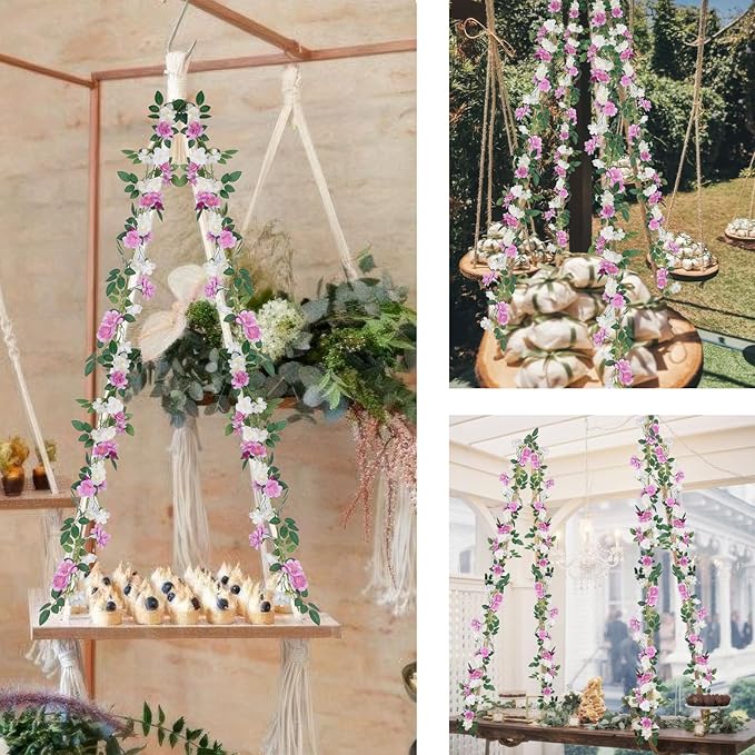 2 Pcs Artificial Flowers Garland for Outdoors Faux Gardenia Garland 12Ft Purple and White Silk Rose Hanging Vines Floral for Wedding Arch Party Wall Garden Ceremony Backdrop Fence Spring Decor