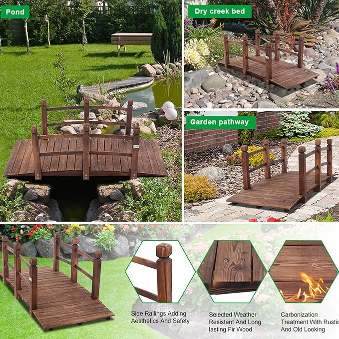 VINGLI Wooden Wishing Well and Garden Bridge Bundle for Outdoor Rustic Wedding Garden Decor Country Theme Style, Ornamental Landscaping Art Project Barrel Planter and Wooden Bridge Set for Backyard