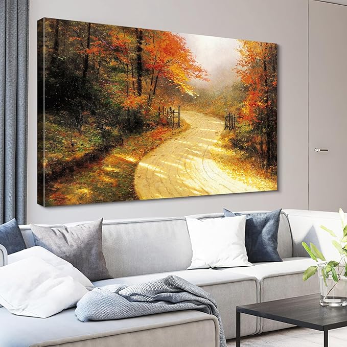 STUDIO HAVEN Thomas Kinkade Canvas Wall Art, Autumn Forest Path Golden Leaves Country Lane with Wooden Fence Oil Painting Poster Tranquil Fall Wall Decor, Framed Prints for Home Decor, 24x16Inch