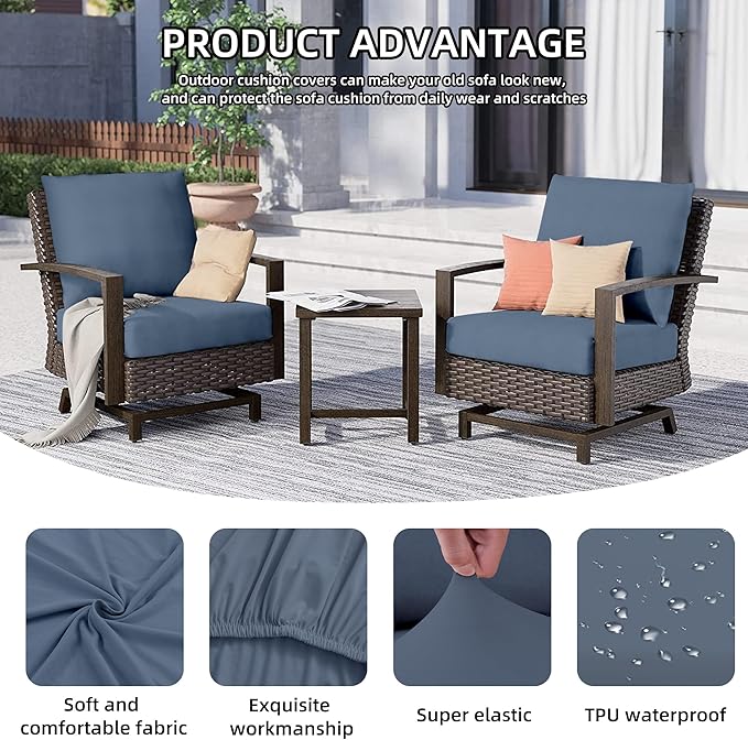 8Pcs Outdoor Cushion Covers, Patio Cushion Covers,Stretch Elastic Slipcovers, Replacement Washable & Reusable Furniture Protector for Patio Couch (Grey Blue,Cover Only)