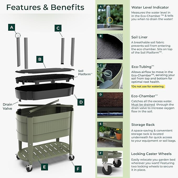 Permasteel Raised Garden Bed with Legs, Planter Box with EnGrow™ TrueSoil™ Technology for Vegetables, Flowers, Herbs, and Fruit, Outdoor Indoor, Storage Shelf, Caster Wheels, Green