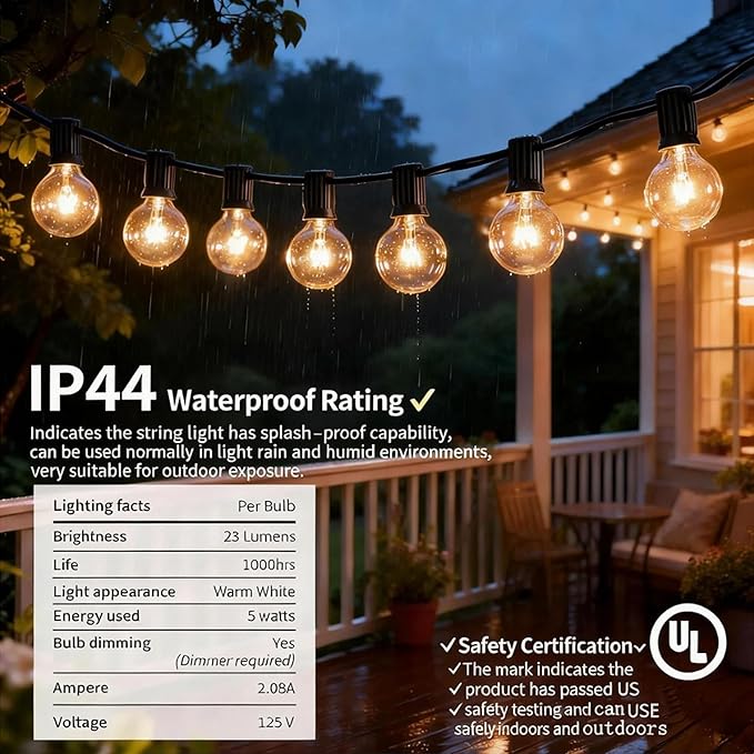 Abeja 25Ft Outdoor Patio String Lights, G40 Outdoor Globe String Lights with 27 Clear Bulbs, Hanging Light for Porch Backyard Deck Bars Wedding Indoor Decor, E12 Base, 5W Black Wire