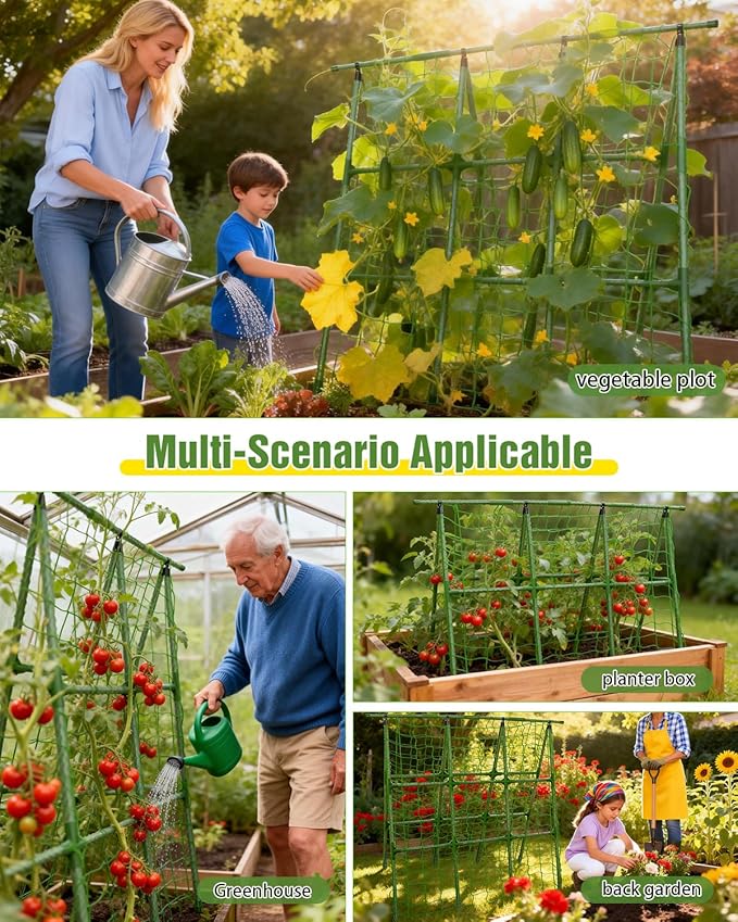 Joyhalo A-Frame Cucumber Trellis for Raised Beds, 47" Hx 57" L Adjustable Size, Garden Trellis for Climbing Plant Outdoors with Climbing Net and Plant Support Clip for Vegetable Vine Pea Bean Tomato
