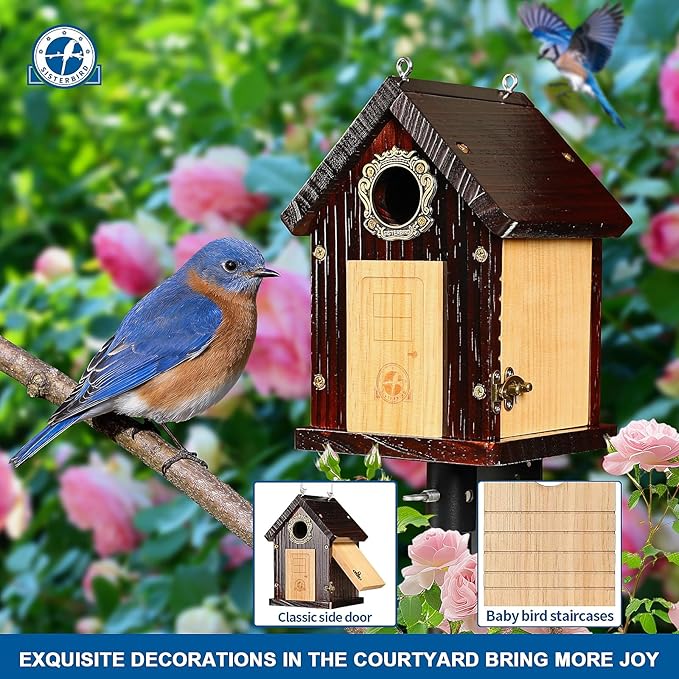 Pack of 2 Premium Bluebird Houses for Outside, All Seaons Bird Houses for Outside, Wooden Cabin Birdhouses for Outdoors, Weatherproof Courtyard Decorated Hanging Bird House