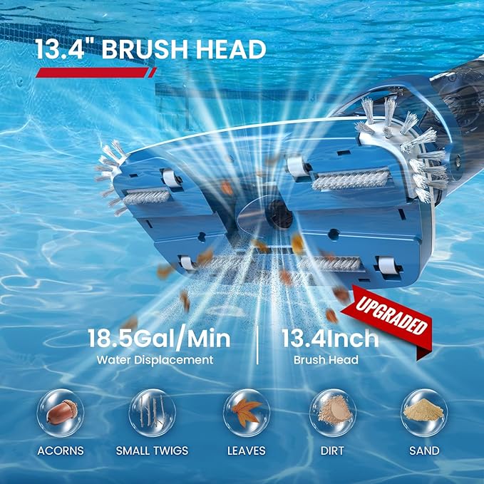 ENHULK Pro Cordless Pool Vacuum - 18.5 GPM Powerful Suction, 70min Runtime & 13.4" Wide Head, XL Capacity Handheld Rechargeable Pool Cleaner for Inground/Above Ground Pools with Telescopic Pole (Blue)