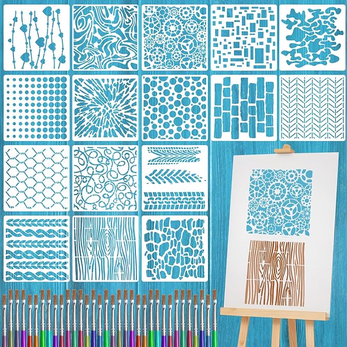 16 PCS Cubist Wood Texture Stencils, 6 Inch Texture Mixed Burlap Reusable Plastic Stencils for Painting on Wood, Geometric Cubist Layering Stencil for Wall Canvas Furniture Tile DIY Craft Home Decor