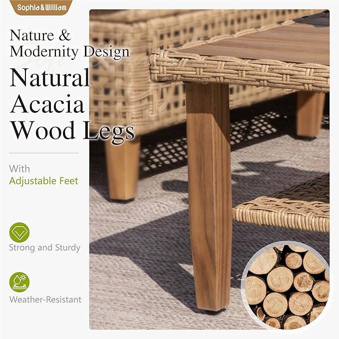 Sophia and William 5-Piece Wicker Patio Furniture Set, L-Shaped Outdoor Sectional Sofas with Ottoman and Acacia Wood Coffee Table, Rattan Conversation Set wtih Cushions, Blue