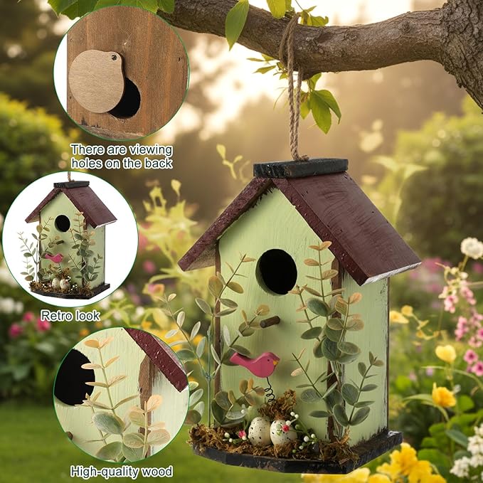 2 Pcs Decorative Birdhouse for Yard Outside Hanging Wooden Birdhouse Hand Painted Bird Box for Bird Lovers Bluebird Tree Swallow Wild Chickadee Garden Decor(Blue,Light Green,Iron Roof)