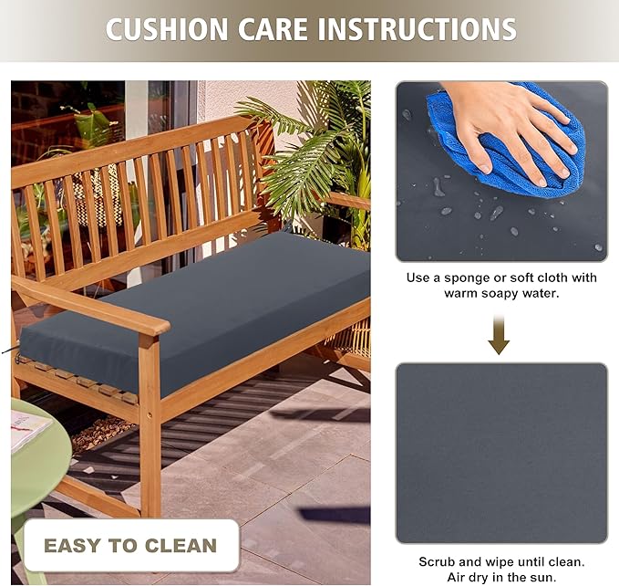 Outdoor Bench Cushion Waterproof 45"x18" – Fade-Resistant Patio Furniture Cushion with Ties for Porch Swing, Loveseat, or Indoor Bench Replacement, Dark Grey