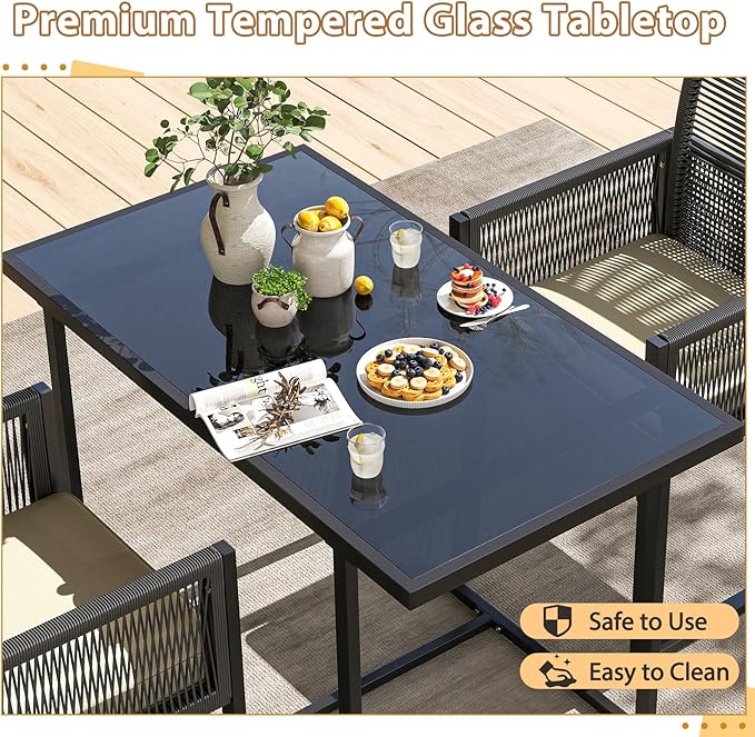 Tangkula 3 Pieces Patio Dining Set, Outdoor Space-Saving PE Wicker Bistro Set with Cushions, Patio Tempered Glass Top Table and Chairs Set for Porch, Garden and Backyard