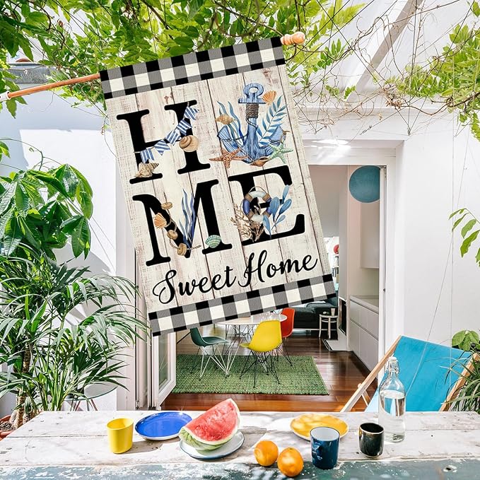 ORTIGIA Beach House Flag 28 x 40 Inch Double Sided Burlap Home Sweet Home Blue Anchor Starfish Seashell Coastal Ocean Yard Flag Summer Holiday Seasonal Outdoor Outside Decoration(Large)