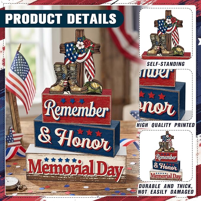 4 Pcs Memorial Day Table Decor Patriotic Remember Honor Our Heroes Wooden Sign Fourth of July Tiered Tray Decor Red White Blue Table Centerpiece for Home Office Desk Shelf Mantel Decorations