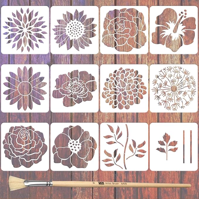 12PCS Large Flower Stencils for Painting on Wood 12 x 12 Inch Giant Wall Stencil with Brushes Large Pattern Floral Stencils Sunflower Paint Stencil for Walls Garden Fence Furniture Fabric