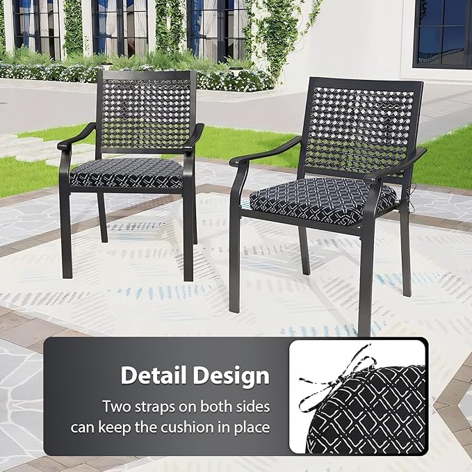 Outdoor Chair Cushions Set of 4, 17 x 16 Inch Patio Chair Cushions for Outdoor Furniture, Water Resistant, Non-Slip Ties (Black Geometry)