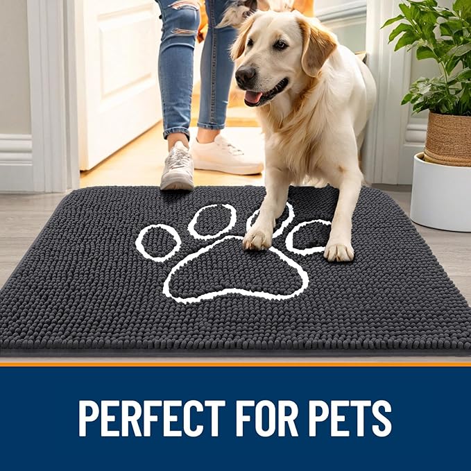 OLANLY Dog Door Mat for Muddy Paws 70x35, Paw Print Design, Absorbs Moisture and Dirt, Absorbent Non-Slip Washable Doormat, Quick Dry Chenille Mud Mat for Dogs, Entry Indoor Entryway Carpet, Dark Grey
