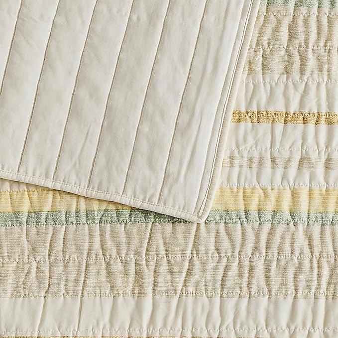 Wonderful 100% Cotton Quilt Set King Size Fall Bedding Set Natural Dyed, Cozy & Breathable Striped Coverlet, Soft Pre-Washed Bedspread with Shams (Light Yellow/Green Stripe)