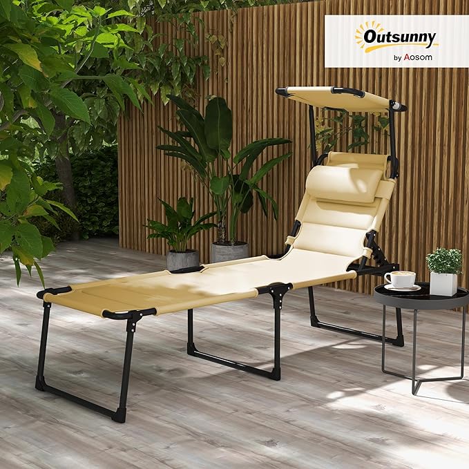 Outsunny Outdoor Lounge Chair, Adjustable Backrest Folding Chaise Lounge, Cushioned Tanning Chair with Sunshade Roof & Pillow Headrest for Beach, Camping, Hiking, Cream White
