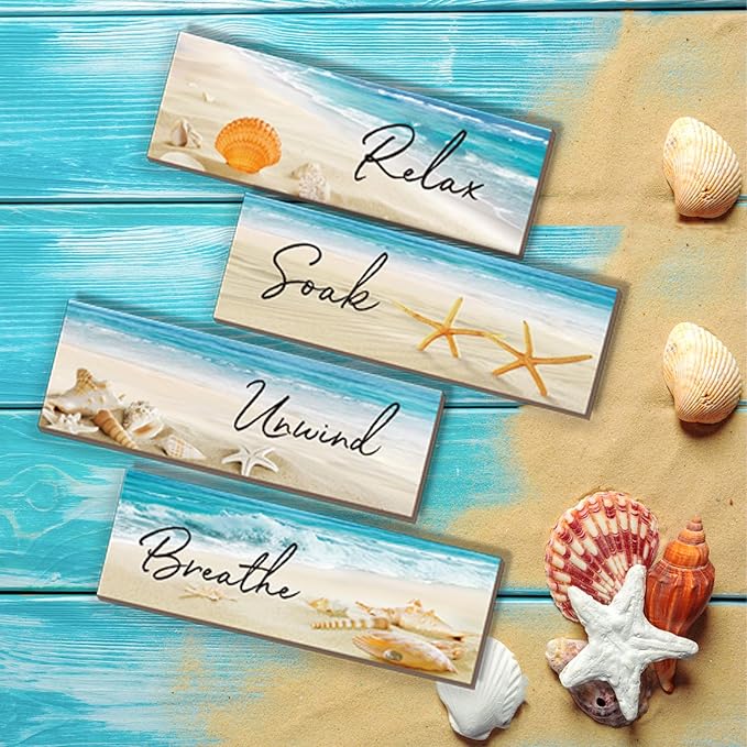 ZINYAZHE 4 Pieces Beach Bathroom Decor Ocean Beach Wall Decors Relax Soak Unwind Breathe Blue Wall Art Wooden Seashell Sea Beach Decorations for Bathroom Living Room Laundry Spa Washroom(12x3.5 Inch)