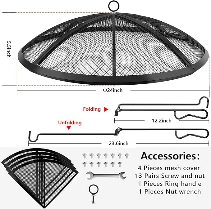 Fire Pit Spark Screen, Fire Pit Screen 24 Inch Round with Handle & Poker, Collapsible Heavy Duty Mesh Fire Pit Cover Fire Pit Lid for Outdoor/Patio/Backyard/RV Camping/Beach