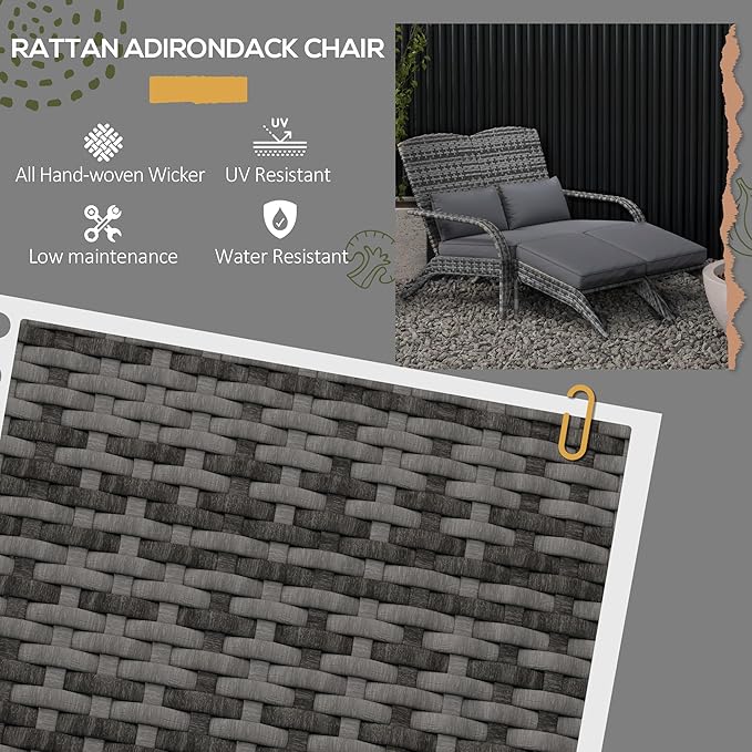Outsunny Wicker Adirondack Chair for 2 with Cushions & Footrests, PE Rattan Double Chaise Lounge Chair, Fire Pit Chair for Porch with High-Back, Wide Armrests, Mixed Gray