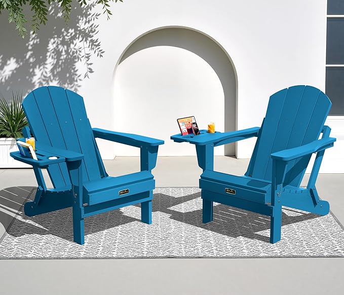 SERWALL Folding Adirondack Chair Set of 2, Outdoor Adirondack Chairs with 4 in 1 Cup Holder, Wood Texture Patio Chairs, Weather Resistant Fire Pit Chairs for Patio Deck Garden, Backyard - Navy Blue