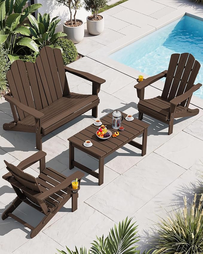SERWALL 4 Pieces HDPE Patio Adirondack Chair Set, 2 Adirondack Chair with Cup Holder & 1 Adirondack Bench & 1 Coffee Table with Umbrella Hole, Coffee
