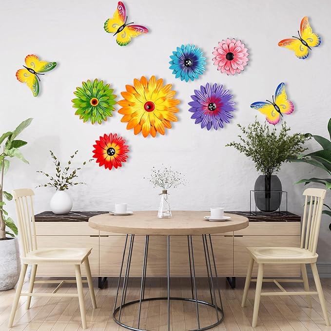 Gisafai 10 Pack Metal Flowers Wall Art Decor Outdoor, 3D 6 Pcs Daisy Flowers 4 Pcs Butterfly Metal Wall Art Fence Hanging for Fence, Patio, Garden, Backyard, Lawn, Balcony(Fashion)