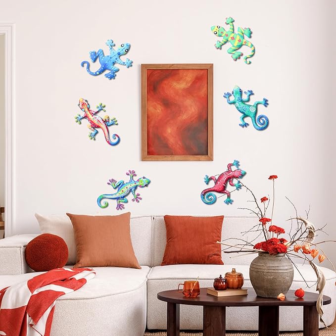 Metal Gecko Wall Decor 6 PCS, 3 Styles Outdoor Wall Art Decorations, Metal Lizard Hanging Decor for Garden, Patio, Farmhouse, Home, Fence