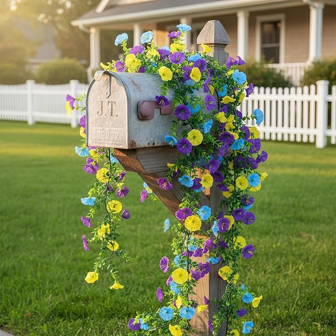 GTIDEA 6Pcs Fake Vines 36Feet Artificial Hanging Morning Glory Flower Garland Faux Vines for Outdoors for Wall Fence Indoor Wedding Decor (Blue & Yellow)