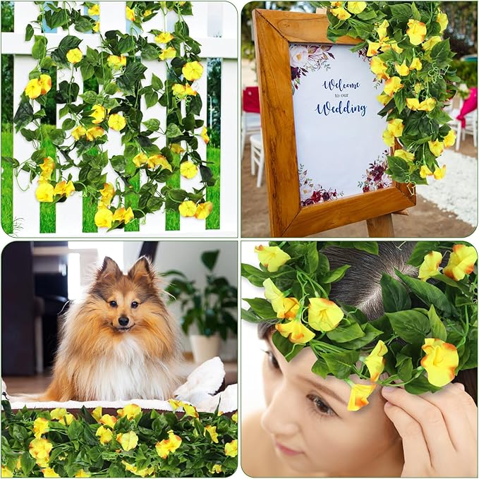 AirSun Artificial Morning Glory Flower Vines, 2pcs 15Feet Hanging Plants Silk Garland Fake Green Plant Home Garden Wall Fence Indoor Outdoor Wedding Birthday Decor