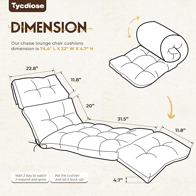 Outdoor Chaise Lounge Chair Cushion Set of 4, Thickened 74.4 x 22 x 4.7 Inches Memory Foam Waterproof Lounge Chair Cushions Replacement for Outdoor Furniture with Ties, Beige