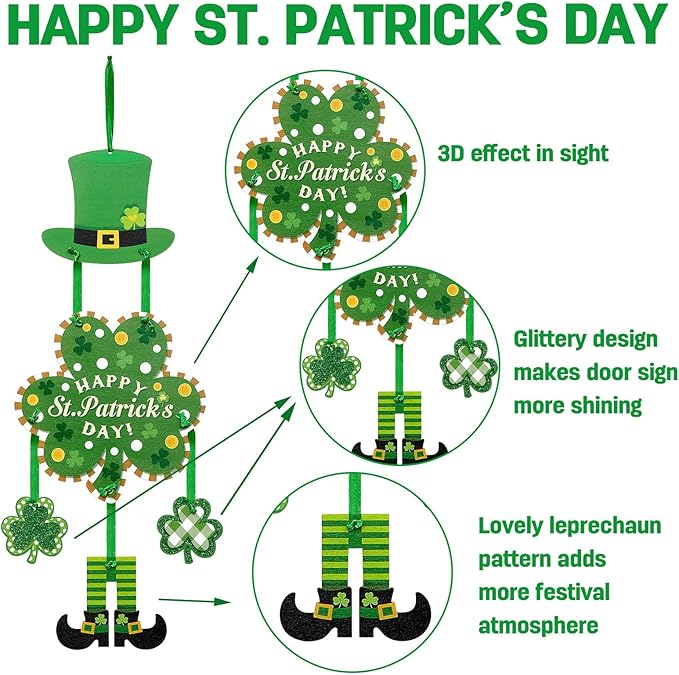 Jetec St. Patrick's Day Door Sign Glittery Shamrock St Patrick's Day Hanging Decorations Irish Hanging Welcome Board Wooden Board for St Patrick's Day Home Window Wall Farmhouse Indoor Outdoor Decor