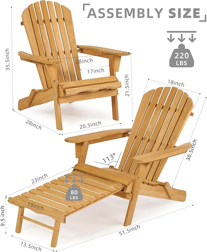 Outdoor Wooden Folding Adirondack Chair with Retractable Ottoman, Wood Patio Chair with Footrest for Garden Backyard Porch Pool Deck Firepit