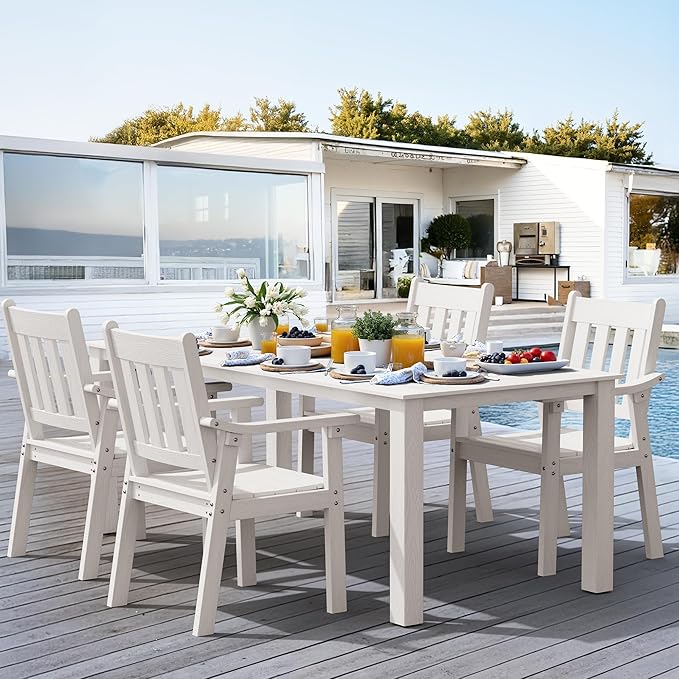YEFU HIPS Patio Table Set: 10 Piece Outdoor Table and Chairs Dining Furniture Set with Umbrella Hole - White Modern Plastic Dining Sets 8 Person for Outside Deck with Metal Aluminum Frame