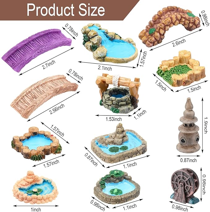 Meooeck 24 Pcs Miniature Garden Accessories Mini Fairy Bridge Figurines Pond Garden Decor Micro Landscape Lighthouse Water Well Ornament for Yard DIY Craft Dollhouse