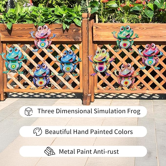 Junware Metal Frog Wall Decor, 8Pcs Frogs Wall Art Sculptures Hanging Sculpture Decoration, Outdoor Fence Arts for Home Garden, Fence, Patio, Yard, Bedroom Outside Gifts for Adults