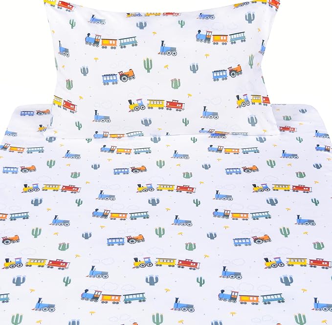 Scientific Sleep Little Train Cactus Cute Fun 100% Cotton Cozy Twin Bed Sheet Set, Flat Sheet & Fitted Sheet & Pillowcase Kids Boys Bedding Set (Trains, Twin)