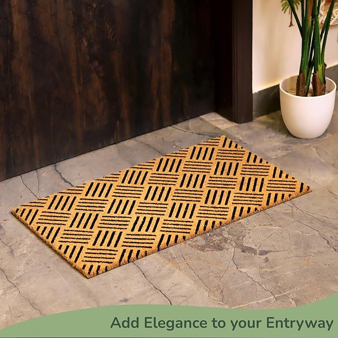 Welcome Doormats, Natural Coco Coir Mats with Non-Slip PVC Backing, Indoor Outdoor Mats for Home & Office, Floor Rugs for Door Decor, Geometric Porch Rug with Black Diamond Pattern, 30"x17"