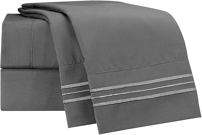 Clara Clark Bed Sheets, Premier 1800 Series 4 Piece Bed Sheet Set, Deep Pocket, Wrinkle, Fade, Stain Resistant, Luxury Soft Bedding Sheets & Pillowcases, Split King, Charcoal Gray