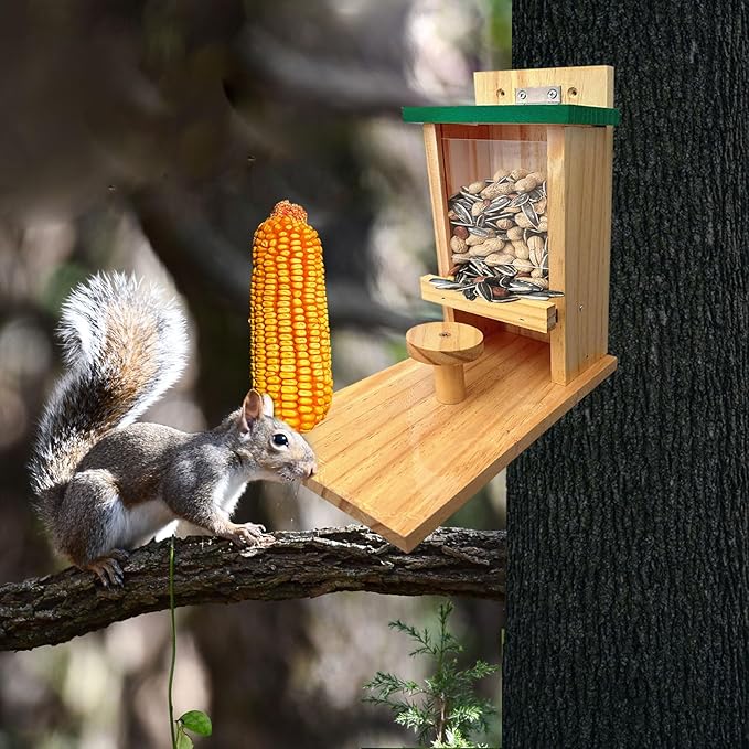 Wooden Squirrel Feeder, Squirrel Feeders for Outside with Corn Cob Holder and Round Stool, Wood Waterproof Picnic Table Funny Chipmunk House Nuts Bar for Backyard Garden Outdoor