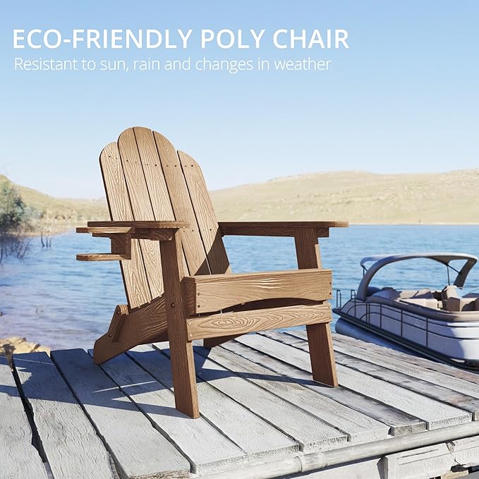 LUE BONA Folding Adirondack Chair Set of 4, Brown HDPS Weather Resistant Outdoor Chair with Cup Holder for Patio Fire Pit Campground
