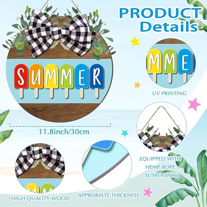 Boao 12 x 12 Inch Hello Summer Door Sign Ice Cream Welcome Summer Wreath Decor Beach Hanging Door Hanger Farmhouse Decorations for Wall Front Porch Decor(Ice Lolly)