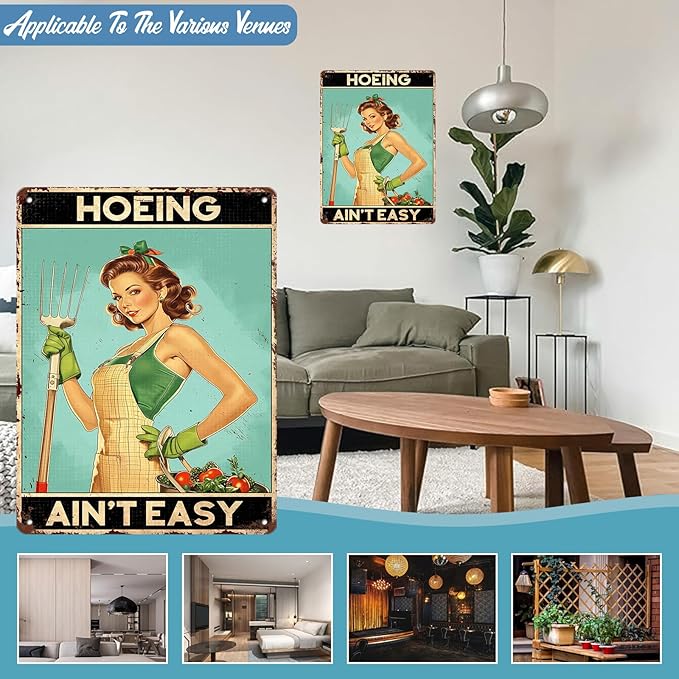 Garden Sign Hoeing Ain't Easy Gardening Retro Metal Sign for Home Living Bedroom Room Kitchen 12 x 16 Inch