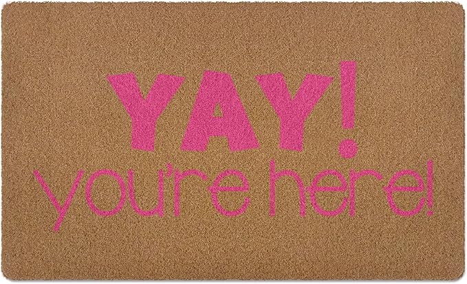 Yay You're Here Door Mat, Funny Welcome mat, Trendy Preppy Pink Coir Door Mats Outdoor Indoor Outside Entrance for Teen Girls, Girly Apartment College Dorm Room Decor 17x29 Inch